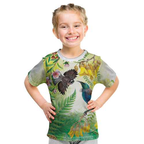 New Zealand Maori Mahuru Kid T Shirt Tui With Pikawakawa Spring Colors