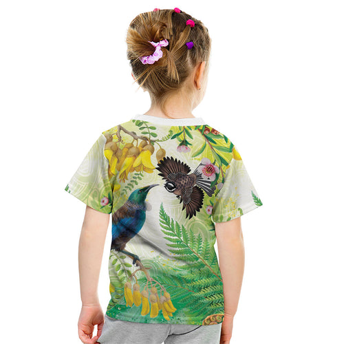 New Zealand Maori Mahuru Kid T Shirt Tui With Pikawakawa Spring Colors