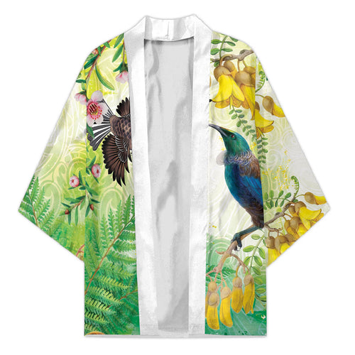 New Zealand Maori Mahuru Kimono Tui With Pikawakawa Spring Colors