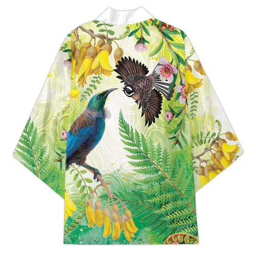 New Zealand Maori Mahuru Kimono Tui With Pikawakawa Spring Colors