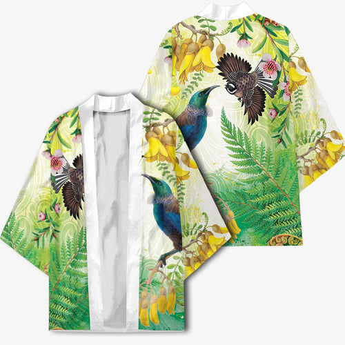 New Zealand Maori Mahuru Kimono Tui With Pikawakawa Spring Colors