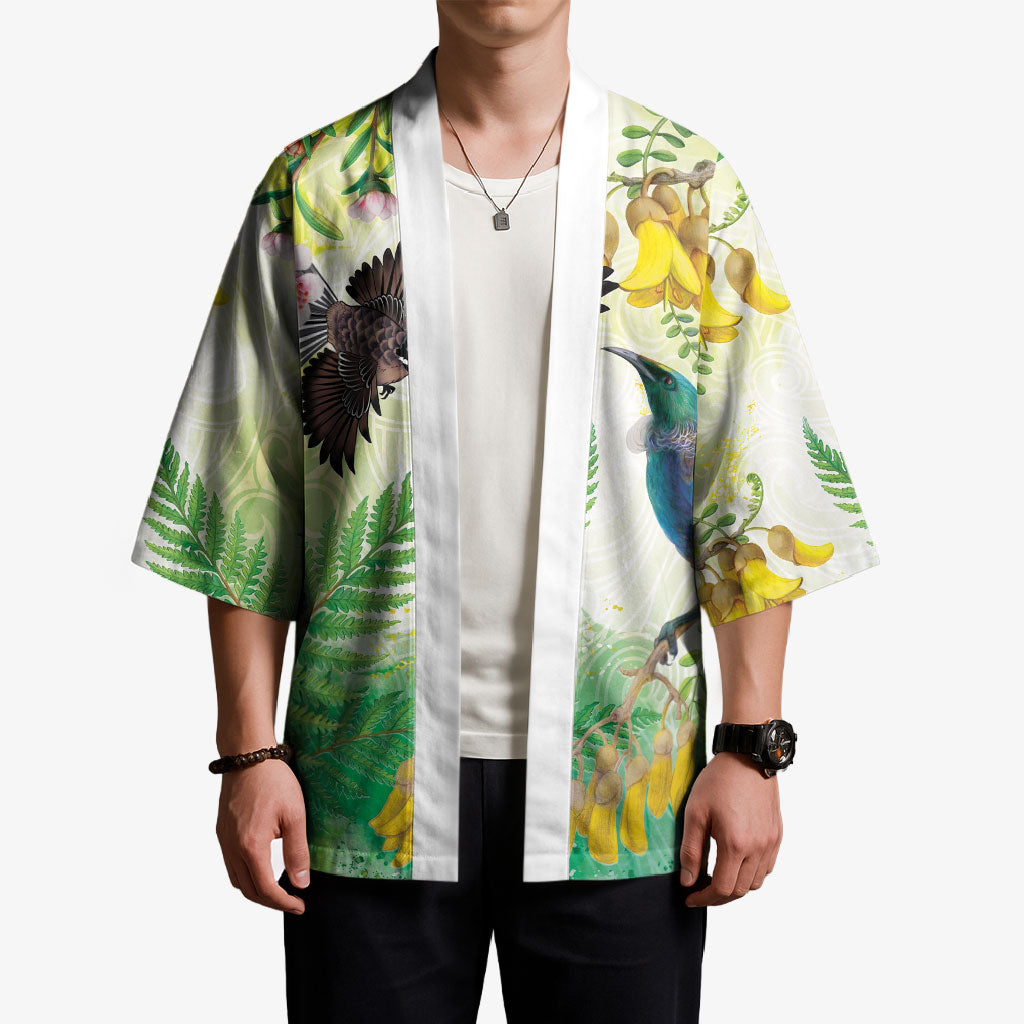 New Zealand Maori Mahuru Kimono Tui With Pikawakawa Spring Colors
