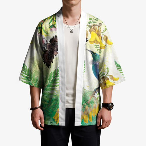New Zealand Maori Mahuru Kimono Tui With Pikawakawa Spring Colors