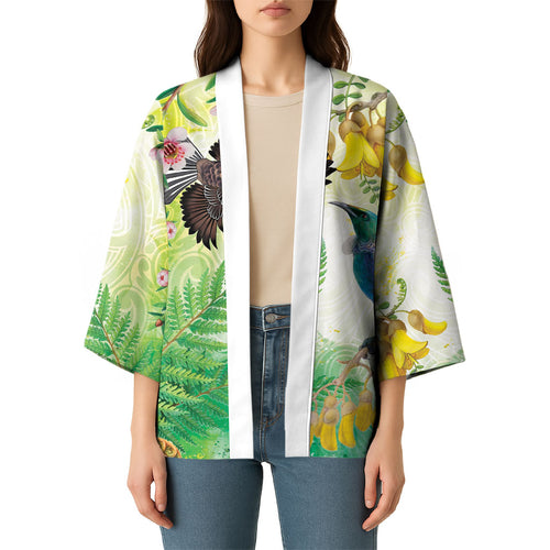 New Zealand Maori Mahuru Kimono Tui With Pikawakawa Spring Colors