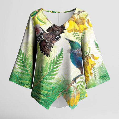 New Zealand Maori Mahuru Kimono Sleeve Blouse Tui With Pikawakawa Spring Colors