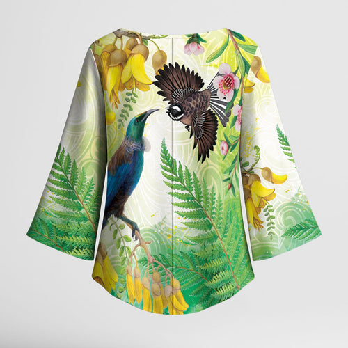 New Zealand Maori Mahuru Kimono Sleeve Blouse Tui With Pikawakawa Spring Colors