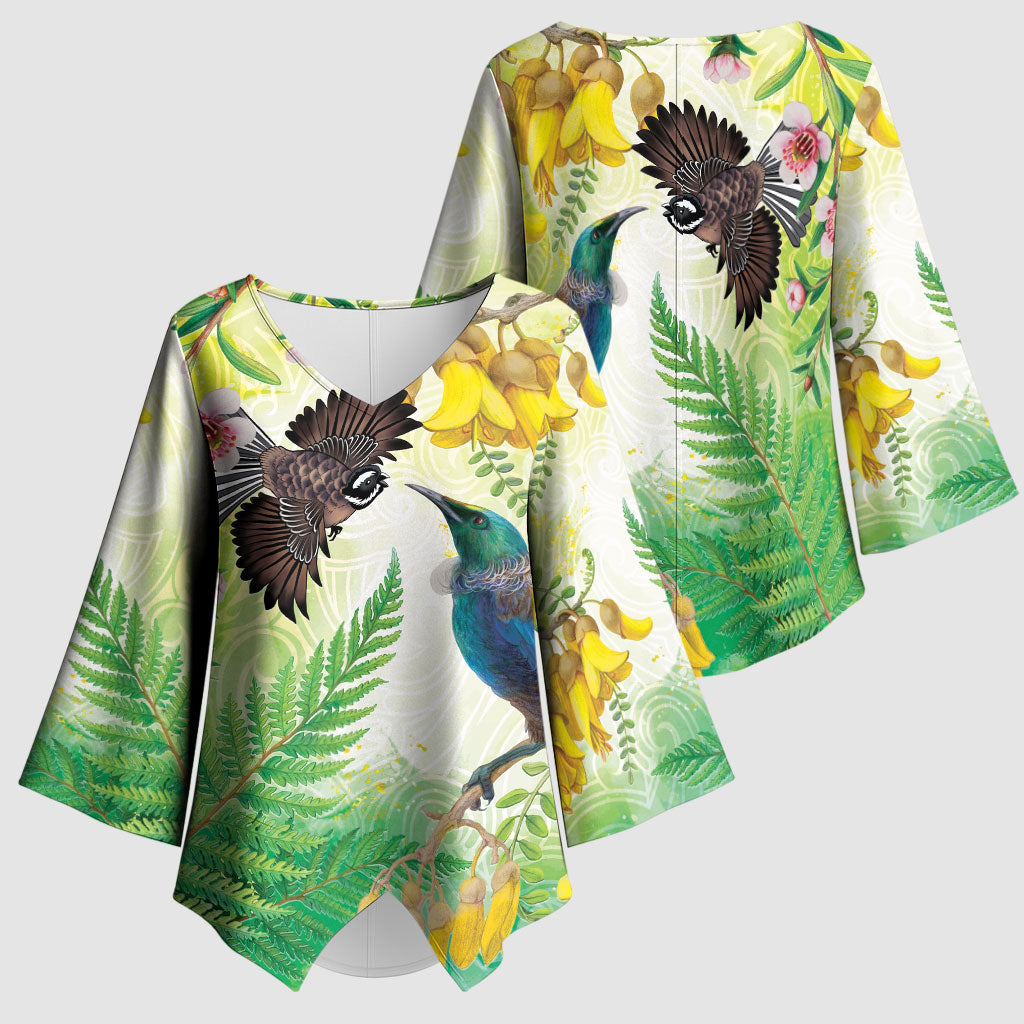 New Zealand Maori Mahuru Kimono Sleeve Blouse Tui With Pikawakawa Spring Colors