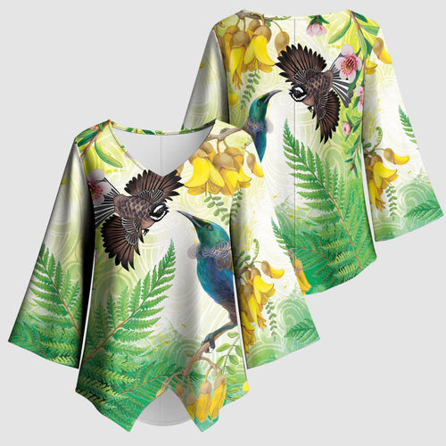 New Zealand Maori Mahuru Kimono Sleeve Blouse Tui With Pikawakawa Spring Colors