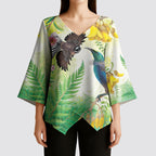 New Zealand Maori Mahuru Kimono Sleeve Blouse Tui With Pikawakawa Spring Colors