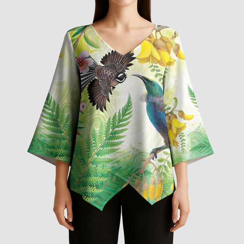 New Zealand Maori Mahuru Kimono Sleeve Blouse Tui With Pikawakawa Spring Colors