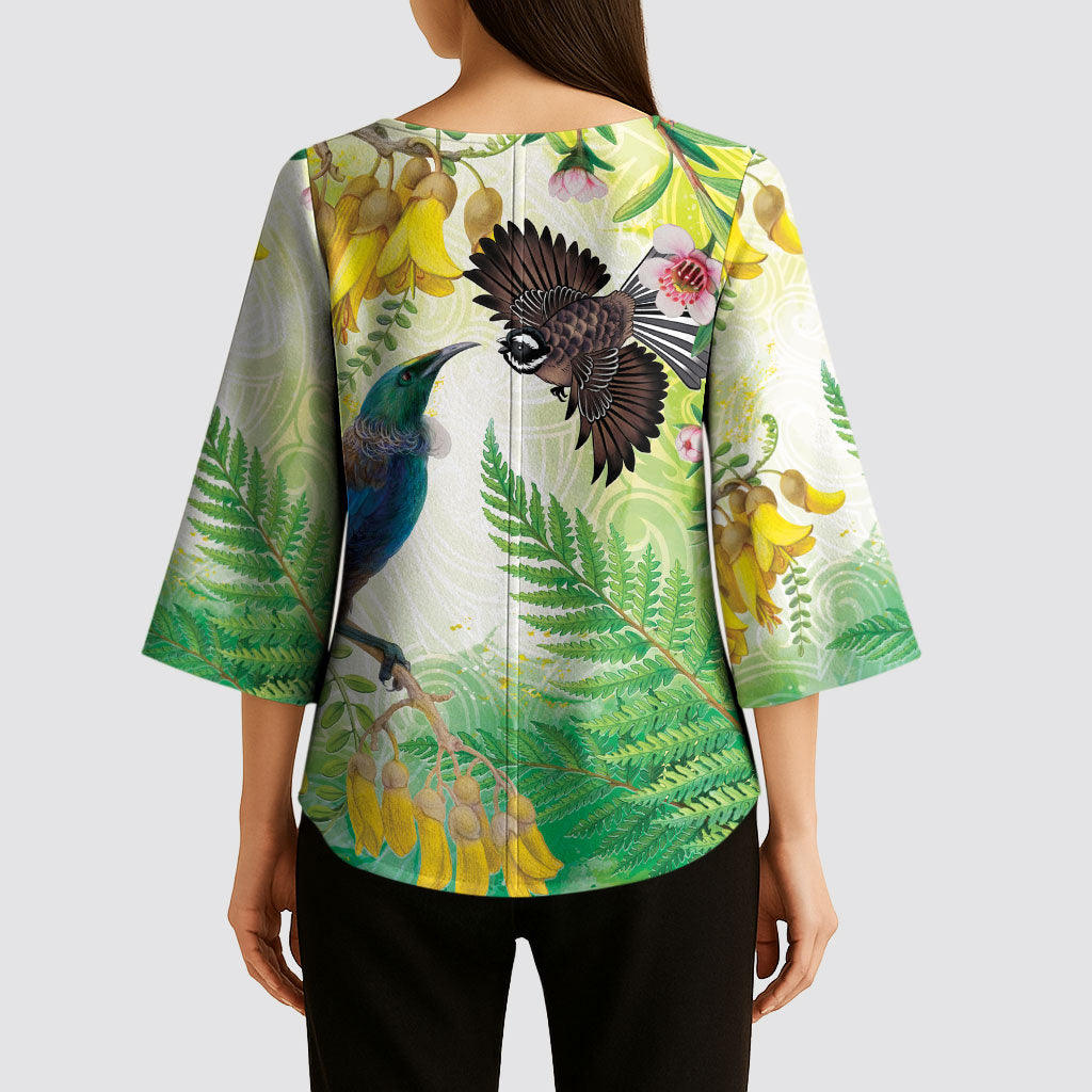New Zealand Maori Mahuru Kimono Sleeve Blouse Tui With Pikawakawa Spring Colors