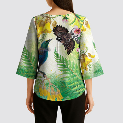 New Zealand Maori Mahuru Kimono Sleeve Blouse Tui With Pikawakawa Spring Colors