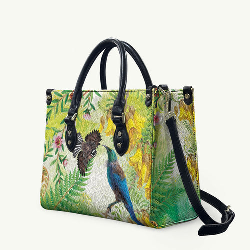 New Zealand Maori Mahuru Leather Bag Tui With Pikawakawa Spring Colors