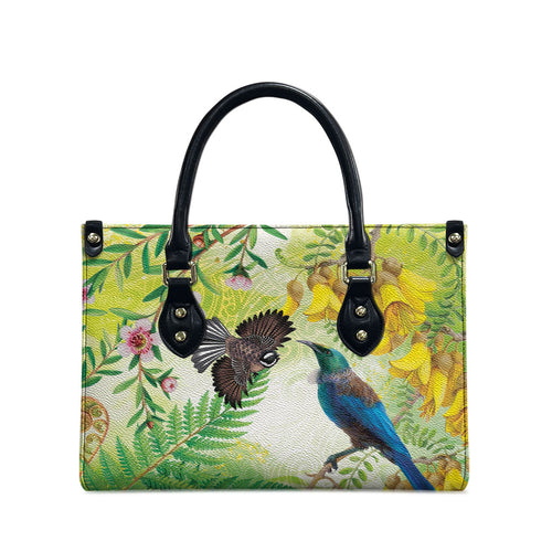 New Zealand Maori Mahuru Leather Bag Tui With Pikawakawa Spring Colors