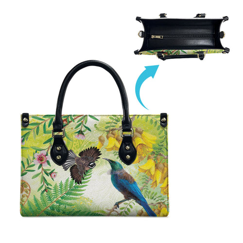 New Zealand Maori Mahuru Leather Bag Tui With Pikawakawa Spring Colors
