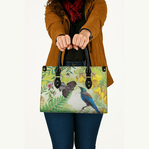 New Zealand Maori Mahuru Leather Bag Tui With Pikawakawa Spring Colors