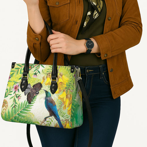 New Zealand Maori Mahuru Leather Bag Tui With Pikawakawa Spring Colors