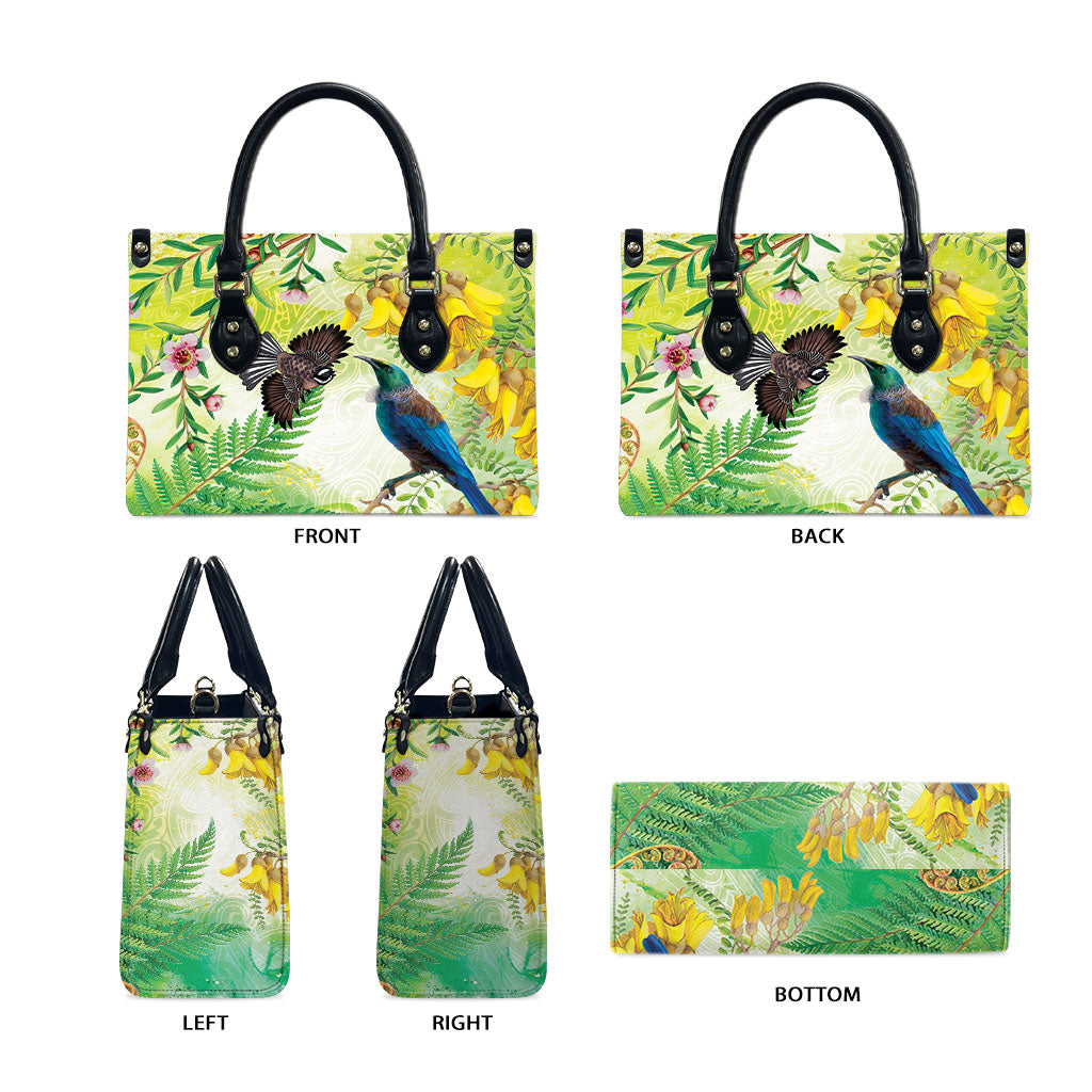 New Zealand Maori Mahuru Leather Bag Tui With Pikawakawa Spring Colors