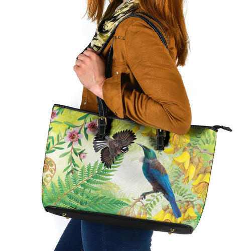 New Zealand Maori Mahuru Leather Tote Bag Tui With Pikawakawa Spring Colors