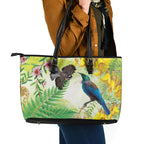 New Zealand Maori Mahuru Leather Tote Bag Tui With Pikawakawa Spring Colors