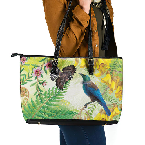 New Zealand Maori Mahuru Leather Tote Bag Tui With Pikawakawa Spring Colors