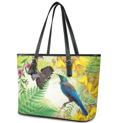 New Zealand Maori Mahuru Leather Tote Bag Tui With Pikawakawa Spring Colors