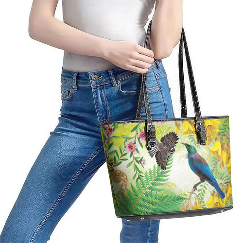 New Zealand Maori Mahuru Leather Tote Bag Tui With Pikawakawa Spring Colors