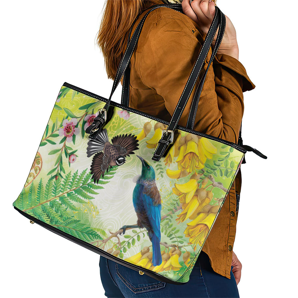 New Zealand Maori Mahuru Leather Tote Bag Tui With Pikawakawa Spring Colors