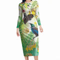 New Zealand Maori Mahuru Long Sleeve Bodycon Dress Tui With Pikawakawa Spring Colors