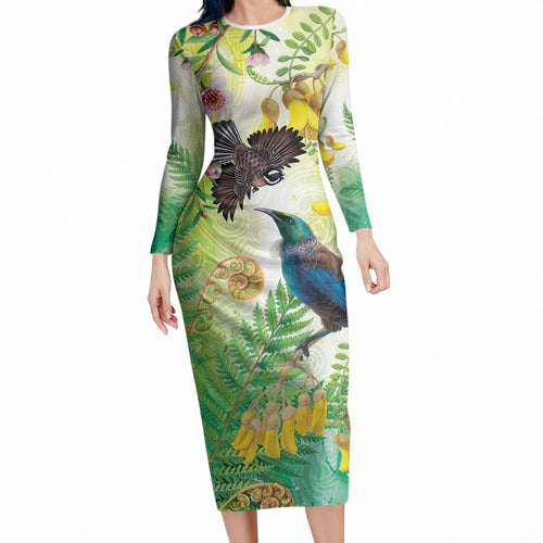 New Zealand Maori Mahuru Long Sleeve Bodycon Dress Tui With Pikawakawa Spring Colors