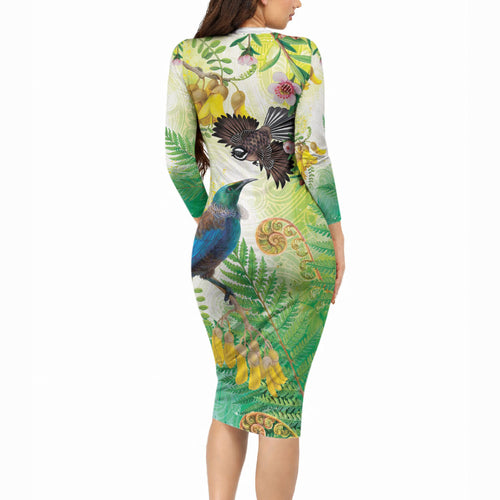 New Zealand Maori Mahuru Long Sleeve Bodycon Dress Tui With Pikawakawa Spring Colors