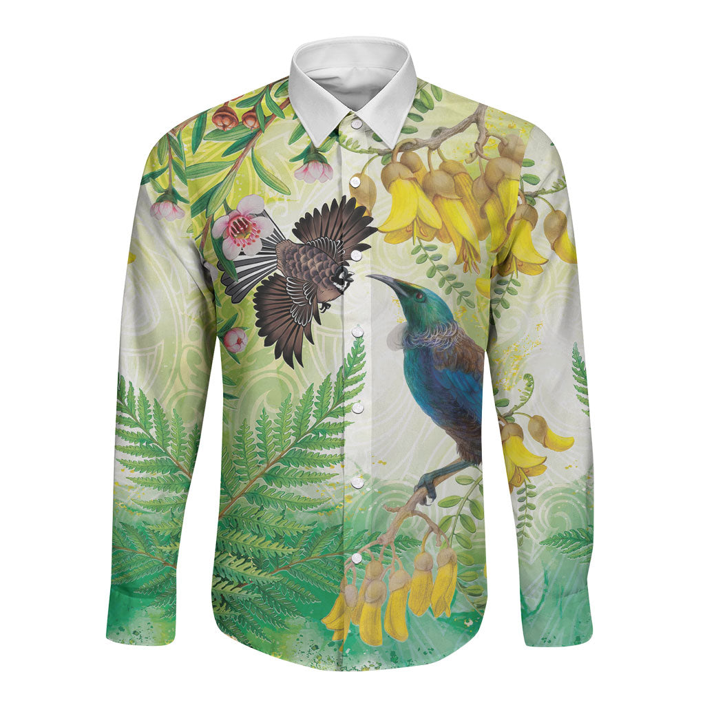 New Zealand Maori Mahuru Long Sleeve Button Shirt Tui With Pikawakawa Spring Colors