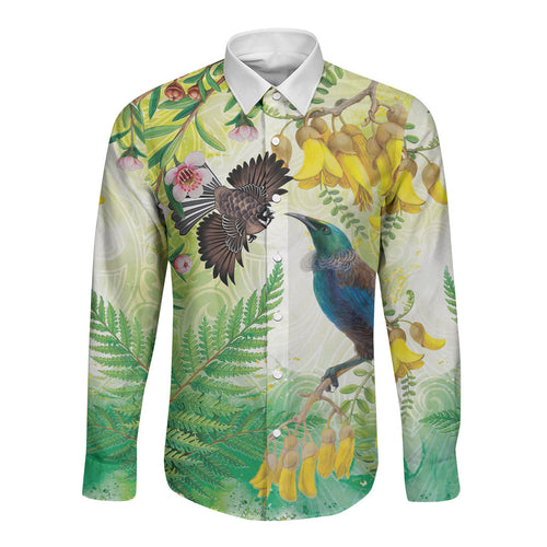 New Zealand Maori Mahuru Long Sleeve Button Shirt Tui With Pikawakawa Spring Colors