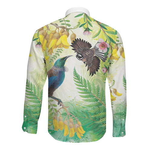 New Zealand Maori Mahuru Long Sleeve Button Shirt Tui With Pikawakawa Spring Colors