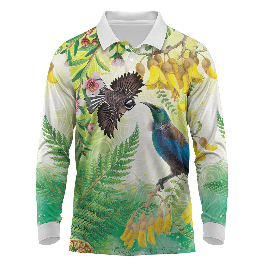 New Zealand Maori Mahuru Long Sleeve Polo Shirt Tui With Pikawakawa Spring Colors