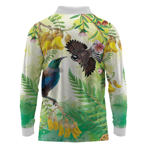 New Zealand Maori Mahuru Long Sleeve Polo Shirt Tui With Pikawakawa Spring Colors