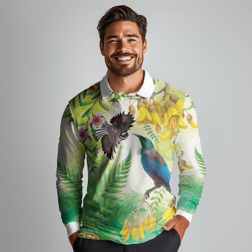 New Zealand Maori Mahuru Long Sleeve Polo Shirt Tui With Pikawakawa Spring Colors