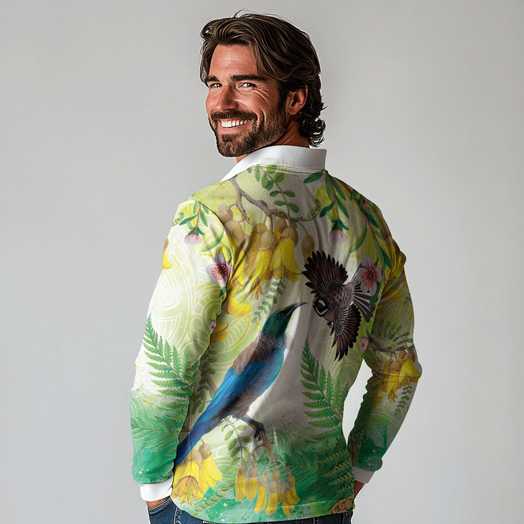 New Zealand Maori Mahuru Long Sleeve Polo Shirt Tui With Pikawakawa Spring Colors