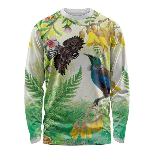 New Zealand Maori Mahuru Long Sleeve Shirt Tui With Pikawakawa Spring Colors