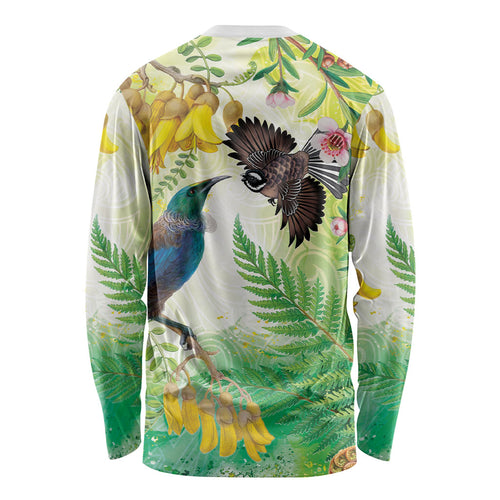New Zealand Maori Mahuru Long Sleeve Shirt Tui With Pikawakawa Spring Colors