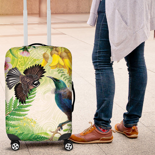 New Zealand Maori Mahuru Luggage Cover Tui With Pikawakawa Spring Colors