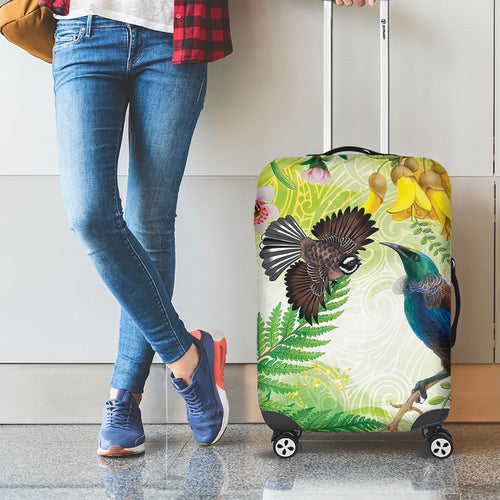 New Zealand Maori Mahuru Luggage Cover Tui With Pikawakawa Spring Colors