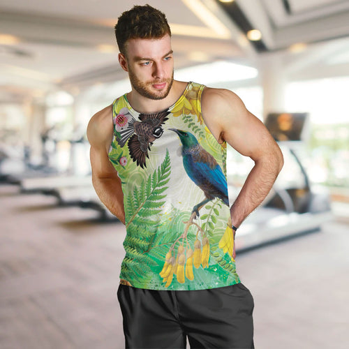 New Zealand Maori Mahuru Men Tank Top Tui With Pikawakawa Spring Colors