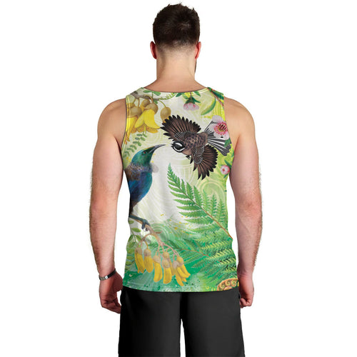 New Zealand Maori Mahuru Men Tank Top Tui With Pikawakawa Spring Colors