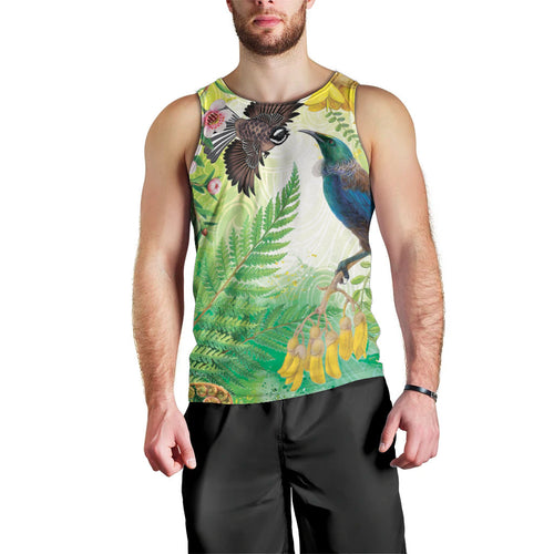 New Zealand Maori Mahuru Men Tank Top Tui With Pikawakawa Spring Colors