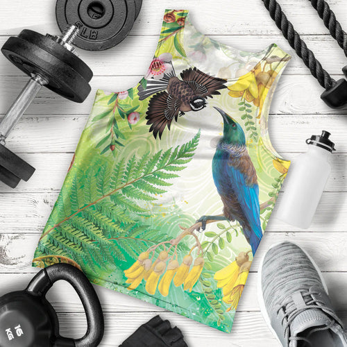 New Zealand Maori Mahuru Men Tank Top Tui With Pikawakawa Spring Colors