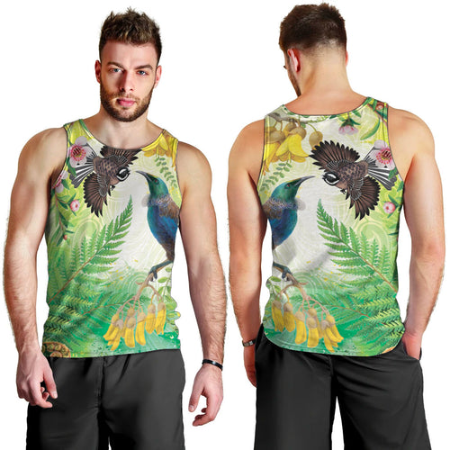 New Zealand Maori Mahuru Men Tank Top Tui With Pikawakawa Spring Colors