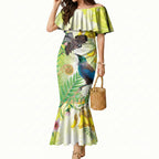 New Zealand Maori Mahuru Mermaid Dress Tui With Pikawakawa Spring Colors