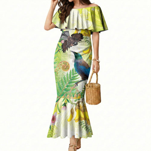 New Zealand Maori Mahuru Mermaid Dress Tui With Pikawakawa Spring Colors