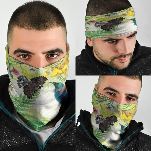New Zealand Maori Mahuru Neck Gaiter Tui With Pikawakawa Spring Colors